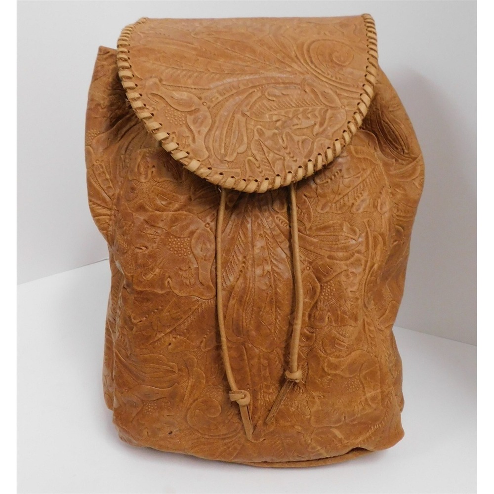 Jennifer‎ Haley Brown Floral Tooled Leather Sling Backpack Bag